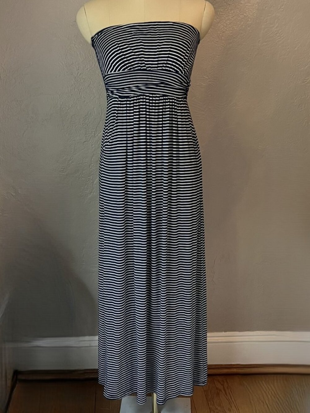 Loila Navy White Striped Strapless Maxi Dress w/ Pockets